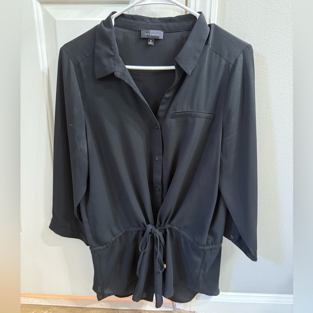 Black Button-Up Blouse with Tie Waist